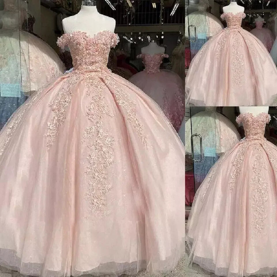 Abito da ballo rosa con spalle scoperte, applicazioni in pizzo, abito dolce sedici Y395