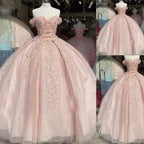 Abito da ballo rosa con spalle scoperte, applicazioni in pizzo, abito dolce sedici Y395