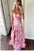 Bellissimo Abito da Sera Senza Spalline in Chiffon Stampato a Fiori a Strati con Spacco Abito da Ballo Y7881