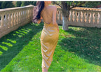 Vestido de fiesta sexy con escote halter en V, vestido de noche para baile de graduación en dorado champán Y8211