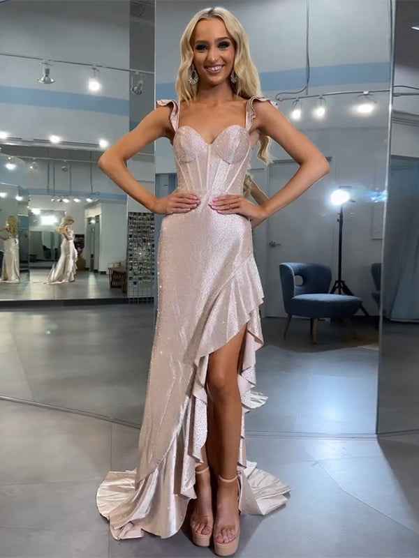 Navy Blue Shimmer Ruffle Long Corset Prom Gown With Slit