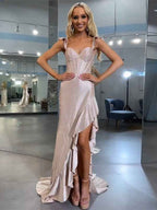 Navy Blue Shimmer Ruffle Long Corset Prom Gown With Slit