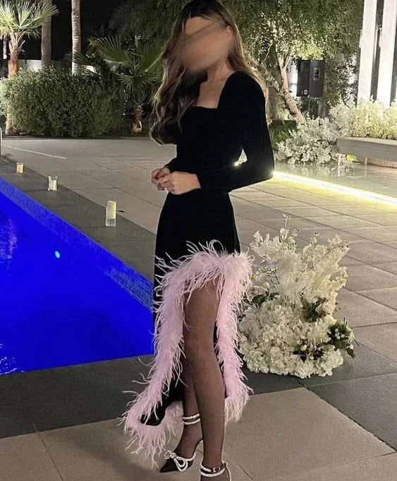 Vestido de noche largo de manga larga negro elegante con plumas Y6724