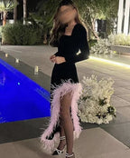 Vestido de noche largo de manga larga negro elegante con plumas Y6724