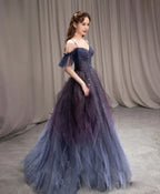 Vestido longo de baile em tule roxo céu estrelado escuro Vestido de noite em linha A Y924