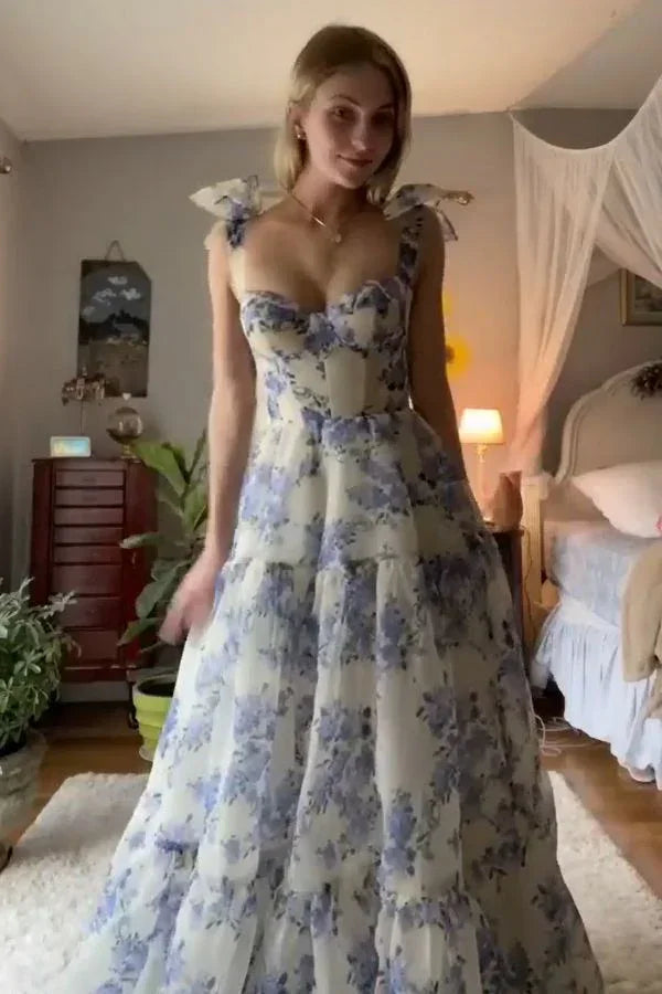 Robe longue de bal à imprimé floral bleu en ligne A Robe de soirée bleue Y2560