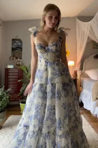 Robe longue de bal à imprimé floral bleu en ligne A Robe de soirée bleue Y2560