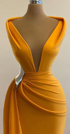 Abiti da sera gialli Sirena con scollo a V profondo Abito da sera sexy Abito da cocktail per festa con strascico Abito formale per occasioni Y4931