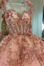 Abito a sfera con applicazioni di fiori rosa cipria, abiti da sera in tulle a linea ad A, abiti per quinceañera Y388