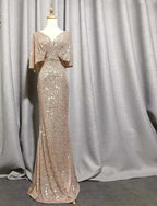 Abito da sera con scollo a V sexy e maniche corte a sirena, elegante abito da festa formale con maniche a pipistrello scintillanti Y1390