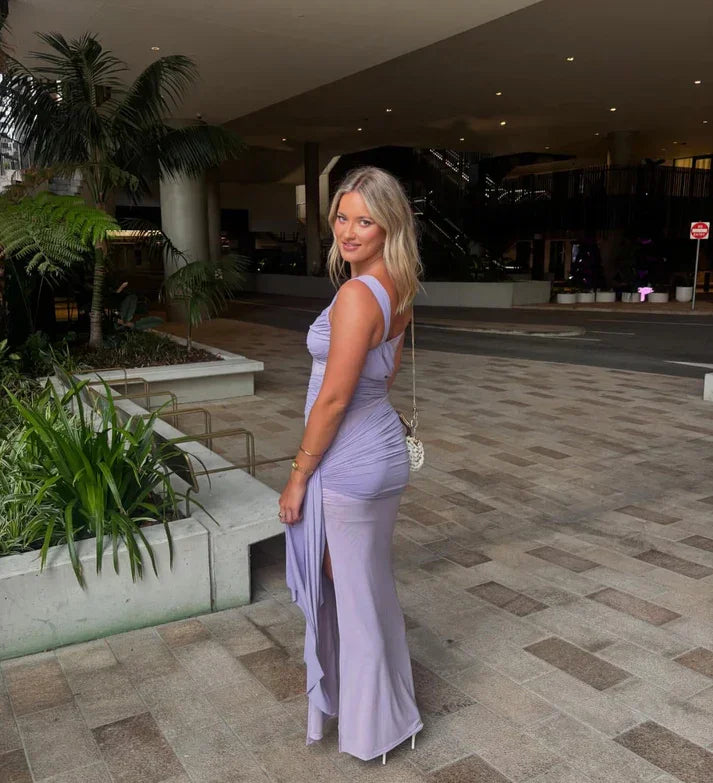 Vestido de Festa Elegante em Chiffon de Lavanda com Pregas, Modelo Tubinho com Fenda, Vestido de Noite Y8063