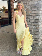 Navy Blue Shimmer Ruffle Long Corset Prom Gown With Slit