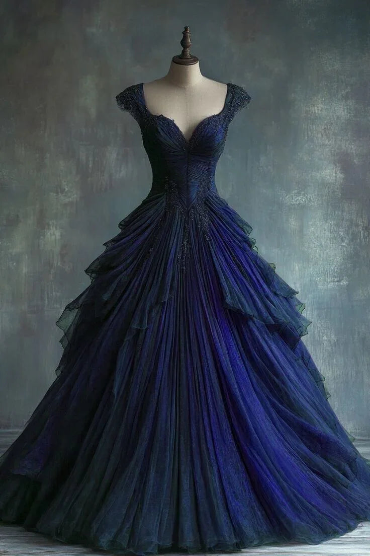 Abito da ballo formale a linea A in pizzo di tulle blu elegante Vestito per quindicenne Y7797
