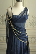 Robe de bal vintage bleu marine en mousseline coupe trapèze robe de soirée Y8292
