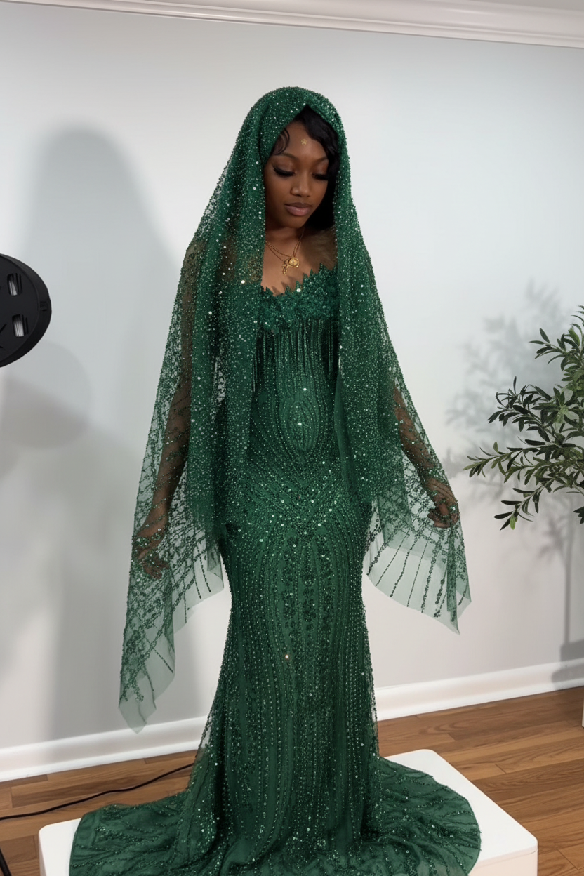 Crimson Ruby Heiress Mermaid Gown With Hand Beaded Crystal Encrusted Hooded Veil