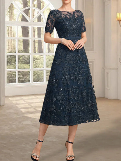 A-Linie, U-Ausschnitt, Illusion, knielang, Spitze, Kleid für die Brautmutter mit Pailletten