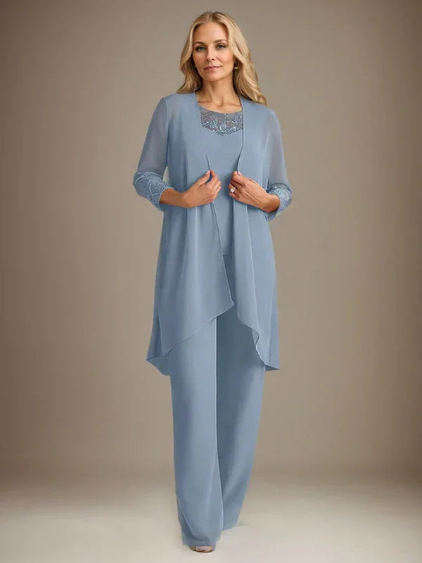 بدلة بنطلون الأم العروس بأكمام طويلة من الشيفون وياقة دائرية مع سترة