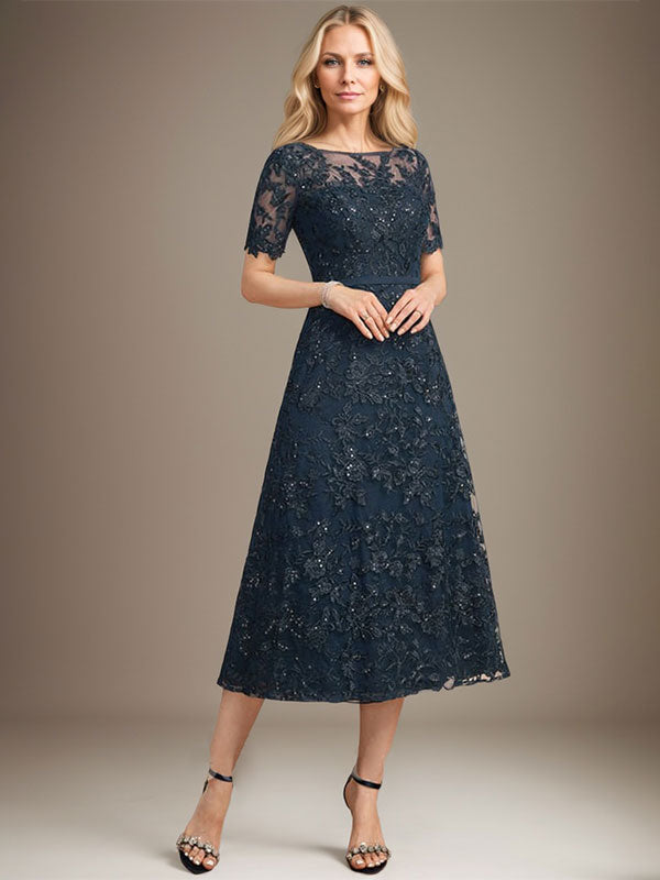 A-Linie, U-Ausschnitt, Illusion, knielang, Spitze, Kleid für die Brautmutter mit Pailletten