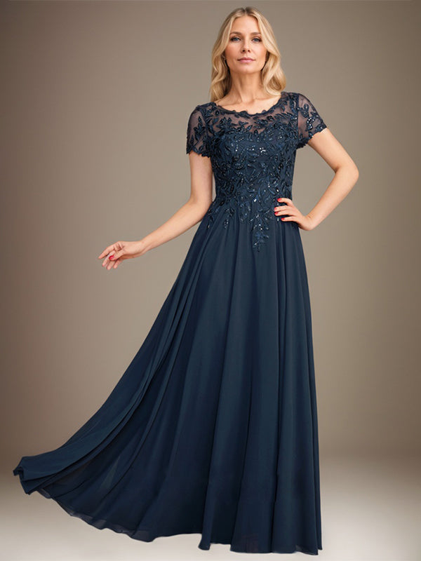 Robe de mère de la mariée en mousseline, longueur au sol, coupe en A, décolleté arrondi, ornée d'appliques et de paillettes