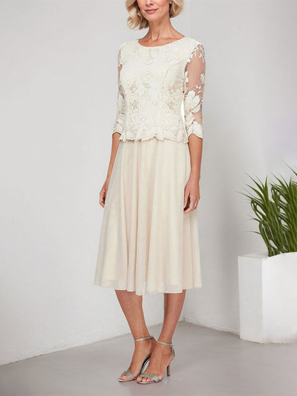 A-Linie U-Ausschnitt Wadenlang Spitzen Chiffon Mutter der Braut Kleid mit Stickerei 