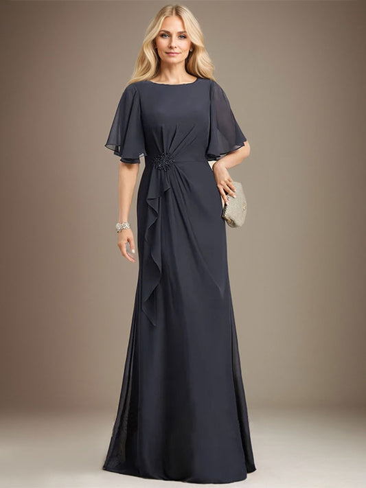 Vestido de gasa para madre de la novia, corte A, escote redondo, largo hasta el suelo, con volantes en cascada, cuentas y lentejuelas
