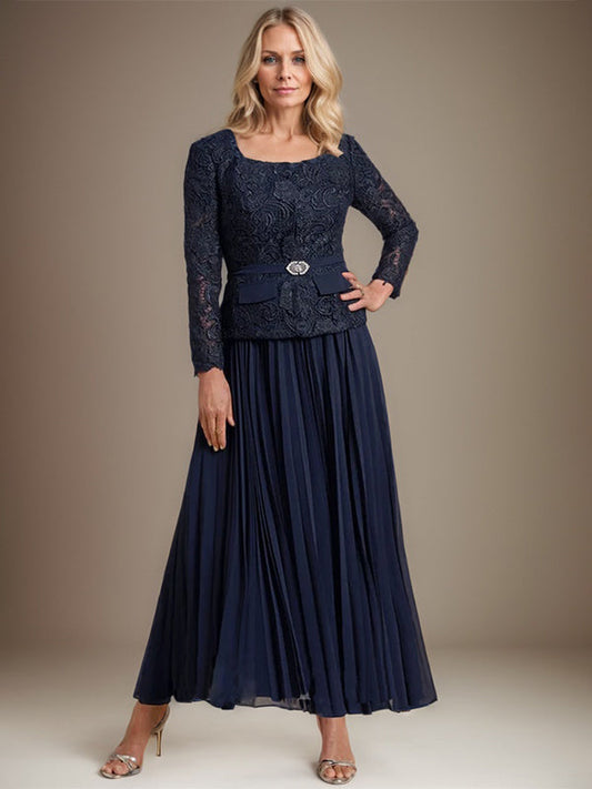 Vestido de gasa para madre de la novia con corte A, cuadrado, largo hasta los tobillos, con pliegues