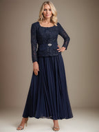 Robe de mère de la mariée en mousseline, longueur cheville carrée, coupe en A avec plis