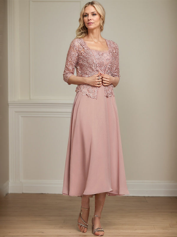 A-Linie Quadratisches Wadenlanges Chiffon-Spitzenkleid für die Brautmutter mit Pailletten und Perlen 
