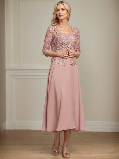 A-Linie Quadratisches Wadenlanges Chiffon-Spitzenkleid für die Brautmutter mit Pailletten und Perlen 