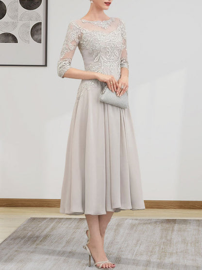 A-Linie, U-Ausschnitt, Illusion, knielang, Chiffon, Spitze, Kleid für die Brautmutter mit Perlen und Pailletten