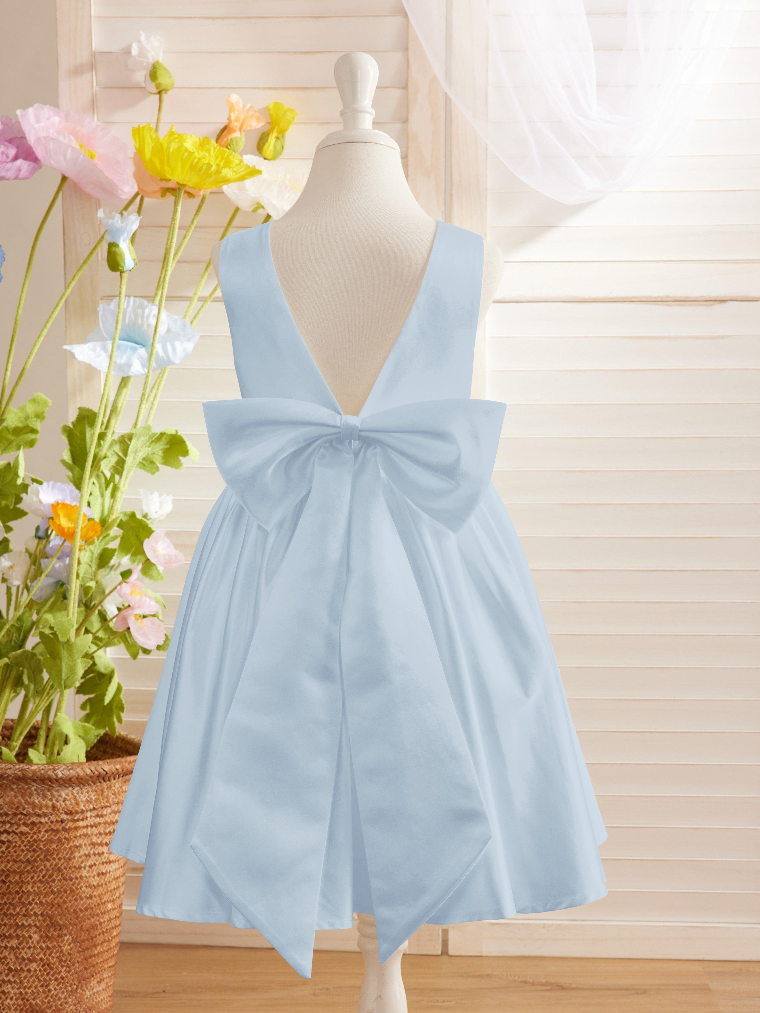 Ivory Satin Princess Flower Girl Knee Length Dress With Bow