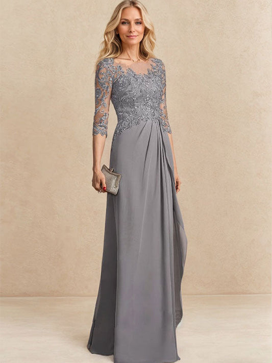 Vestido de madre de la novia de gasa con encaje, corte A, ilusión, largo hasta el suelo, con lentejuelas y abalorios y volantes en cascada