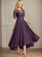 Robe de mère de la mariée en mousseline et dentelle asymétrique illusion à encolure dégagée, coupe en A, ornée de paillettes