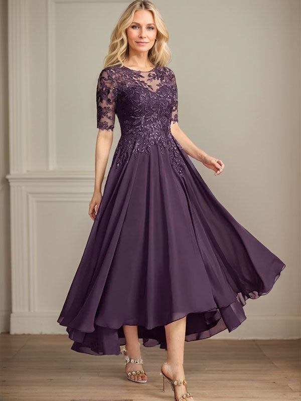 Robe de mère de la mariée en mousseline et dentelle asymétrique illusion à encolure dégagée, coupe en A, ornée de paillettes