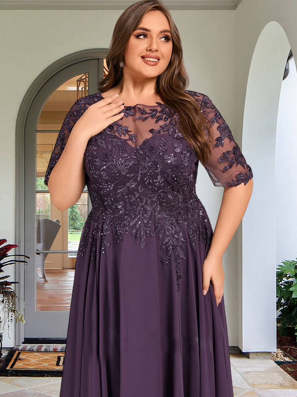 Robe de mère de la mariée en mousseline et dentelle asymétrique illusion à encolure dégagée, coupe en A, ornée de paillettes