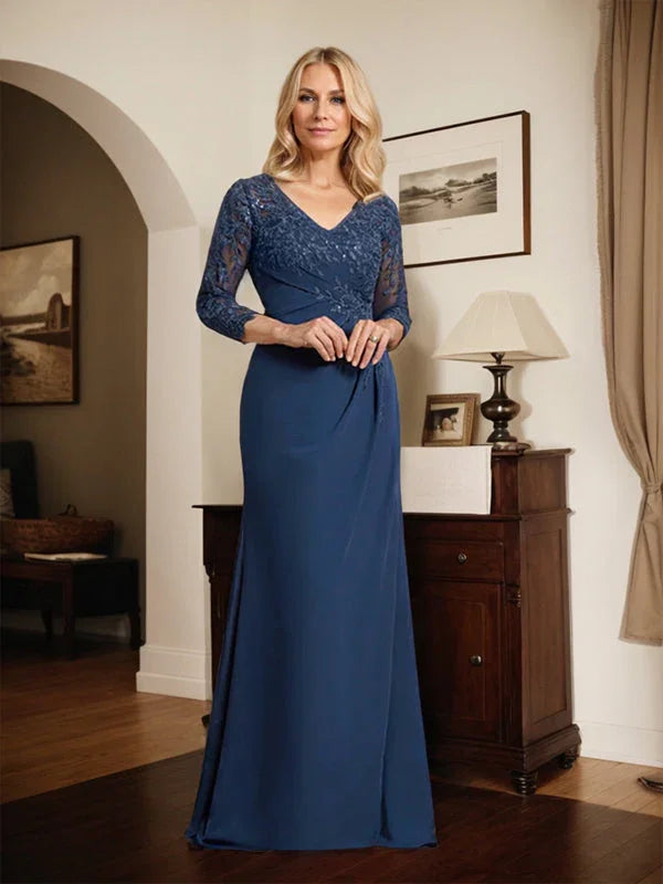 Vestido de madrina de novia con escote en V ilusión, corte columna, largo hasta el suelo, de encaje y gasa con lentejuelas plisadas