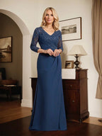 Vestido de madrina de novia con escote en V ilusión, corte columna, largo hasta el suelo, de encaje y gasa con lentejuelas plisadas