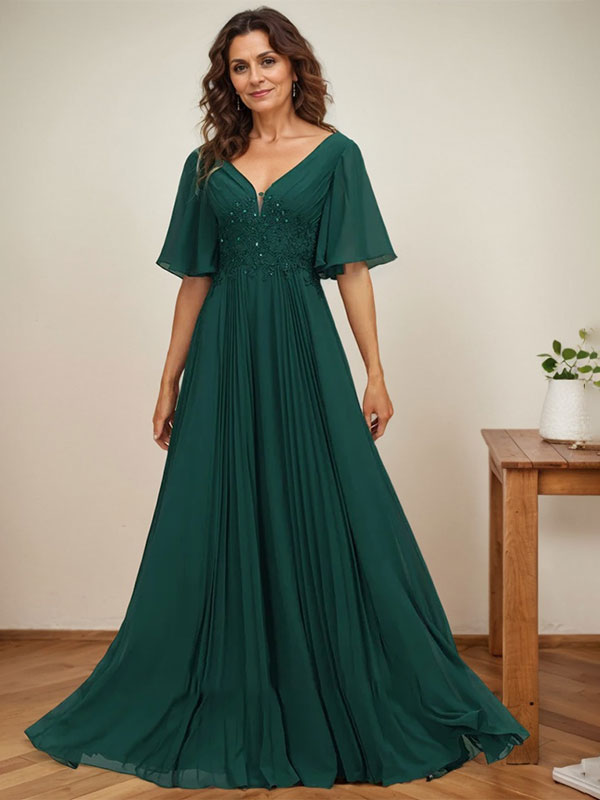 Robe de mère de la mariée en mousseline longueur au sol, coupe en A, col en V, ornée d'appliques en dentelle plissée et de paillettes