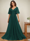 Robe de mère de la mariée en mousseline longueur au sol, coupe en A, col en V, ornée d'appliques en dentelle plissée et de paillettes