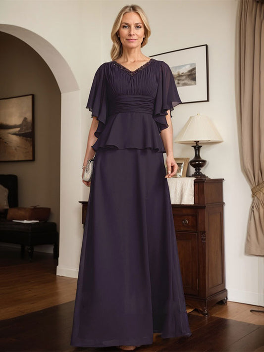 A-Linie, V-Ausschnitt, bodenlanges Chiffonkleid für die Brautmutter mit plissierter Perlenstickerei