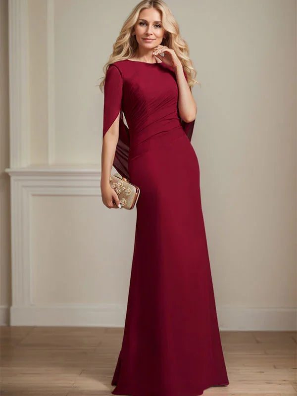 Vestido de madrina de novia de gasa con cuello barco estilo trompeta/cola de sirena y largo hasta el suelo con pliegues