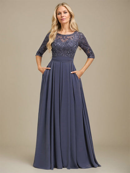 A-Linie U-Ausschnitt Bodenlang Spitzen-Chiffon-Kleid für die Brautmutter mit Paillettenapplikation 