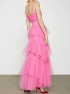 Elegante abito lungo da sera con schiena scoperta e strati di tulle rosa acceso, abito formale da ballo di fine corso in tulle rosa acceso Y2114