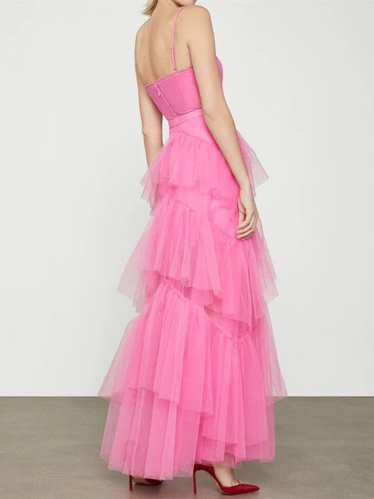 Elegante abito lungo da sera con schiena scoperta e strati di tulle rosa acceso, abito formale da ballo di fine corso in tulle rosa acceso Y2114