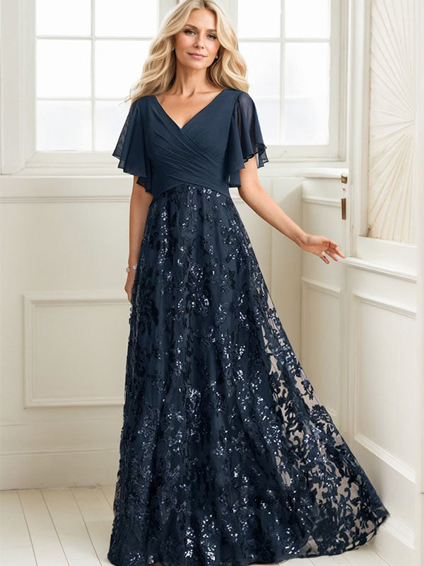 Robe de mère de la mariée en mousseline à paillettes en dentelle, longueur au sol, en forme de A, col en V avec plis