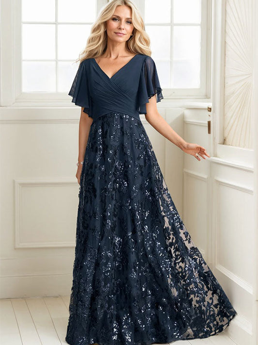 A-Linie V-Ausschnitt Bodenlang Spitze Pailletten Chiffon Mutter der Braut Kleid Mit Plissee