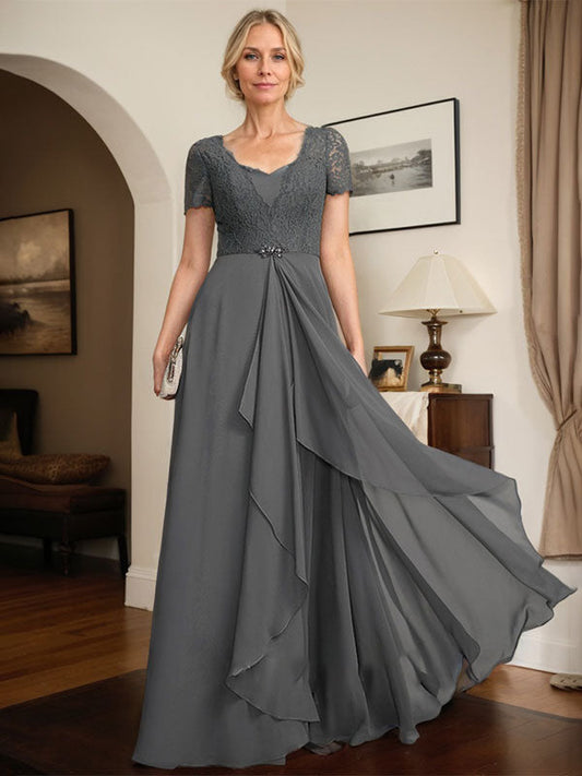 A-Linie, Herzausschnitt, bodenlang, Chiffon, Spitze, Kleid für die Brautmutter mit Perlenbesatz, kaskadierenden Rüschen