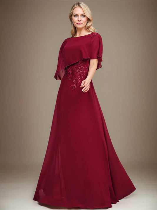 Vestido de gasa con encaje y lentejuelas para madre de la novia, corte A, largo hasta el suelo 