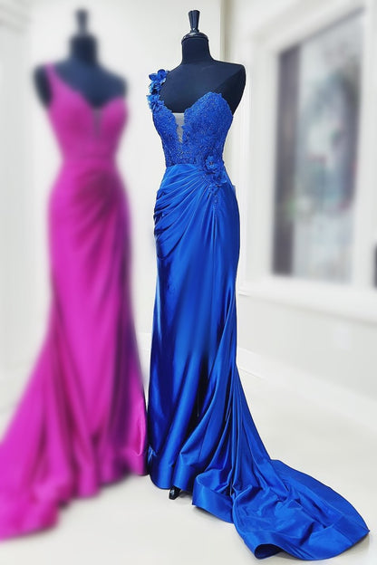 Vestido largo plisado de encaje floral 3D con un solo hombro y abertura