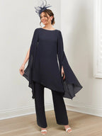 بدلات بنطلون من الشيفون بياقة دائرية لأم العروس